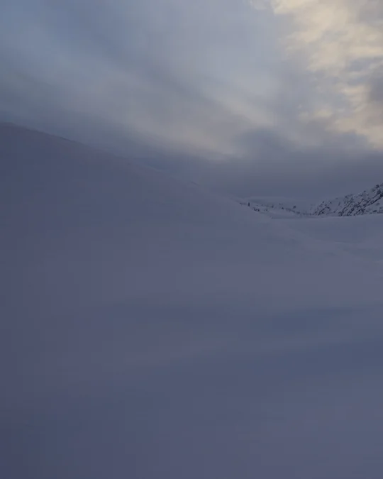 Left half of an open snowy landscape under a clouded sky