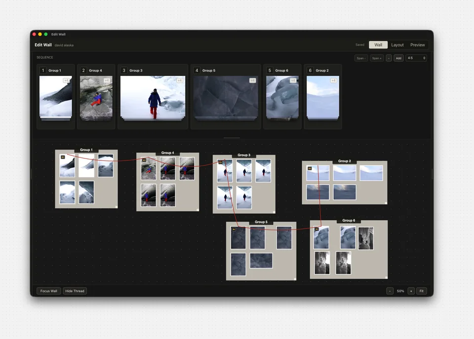 EditWall app window showing grouped photo boards connected into a sequence
