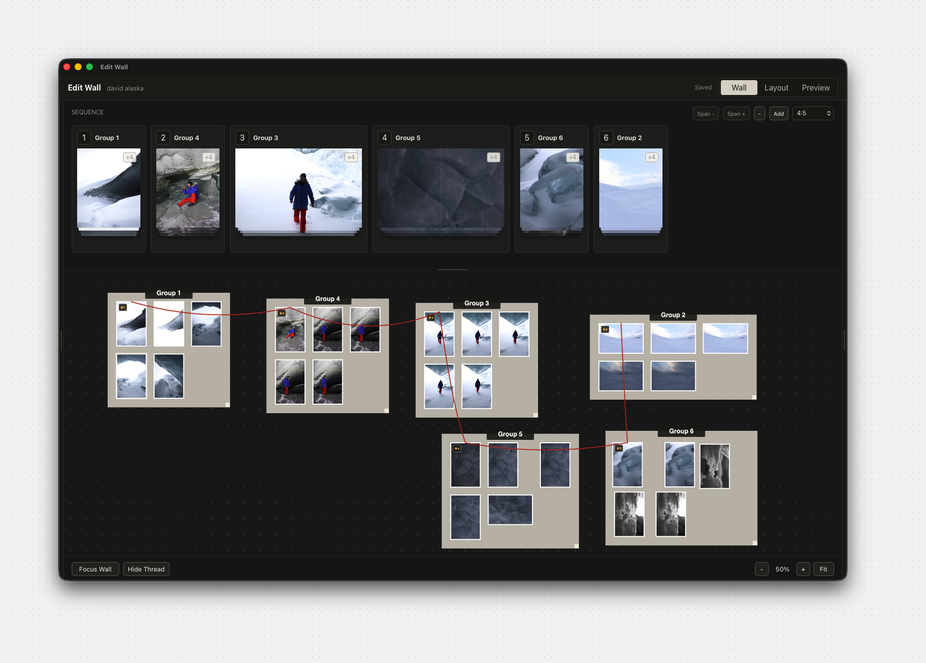 EditWall app window showing grouped photo boards connected into a sequence