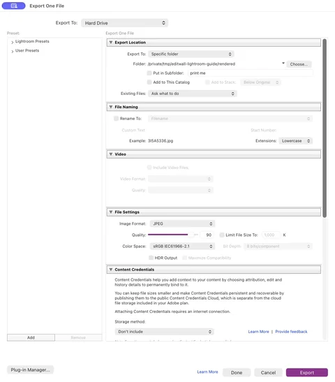 Lightroom Classic export dialog with JPEG, quality 90, sRGB, and the 3I5A5336.jpg filename