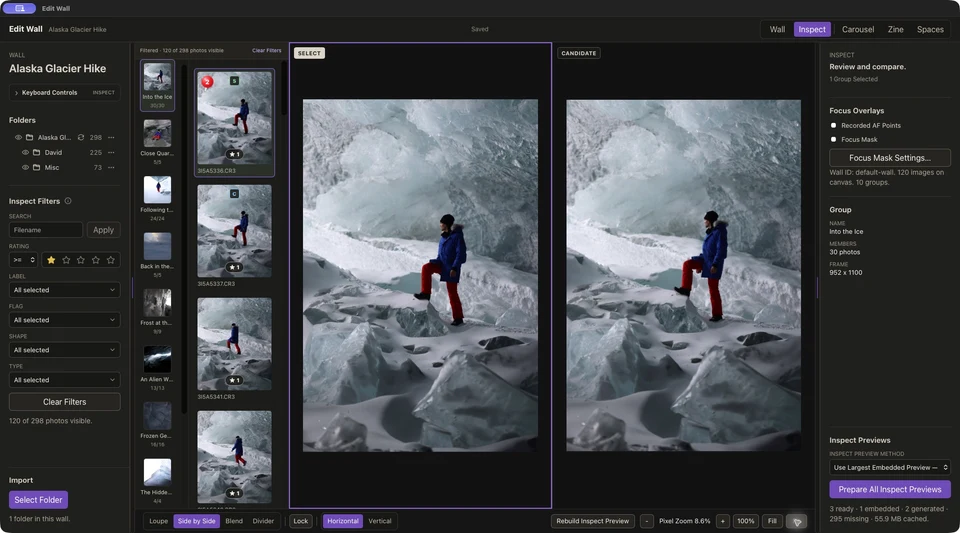 Side by Side comparison of two hiker photographs in the Into the Ice group